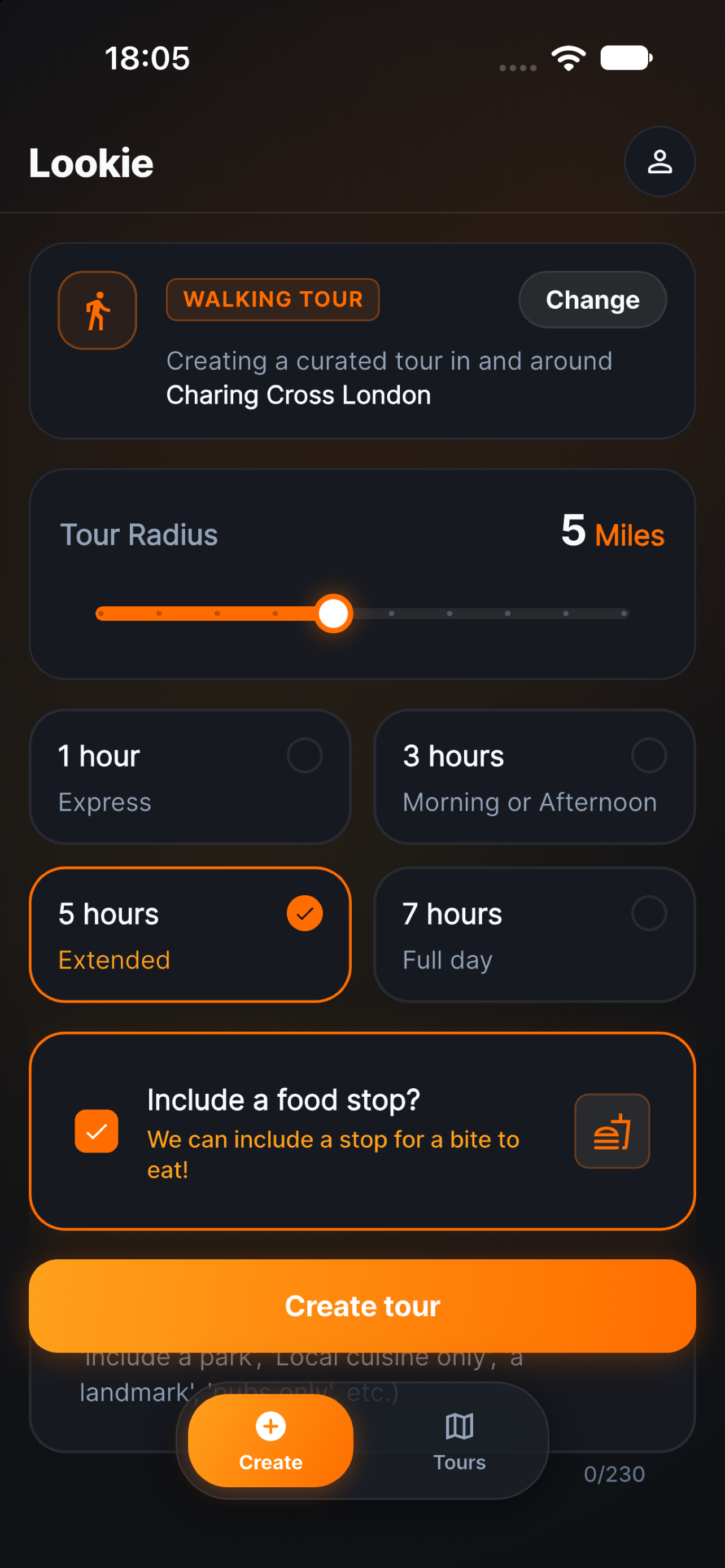 Tour Setup Screen